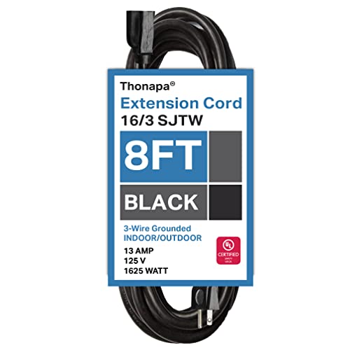 Thonapa 8 Ft Outdoor Extension Cord - 16/3 Sjtw Weatherproof Black Extension Cord With 3 Prong For Indoor & Outdoor, Great For Home, Office, Landscaping, Lawn Mower #TOP4