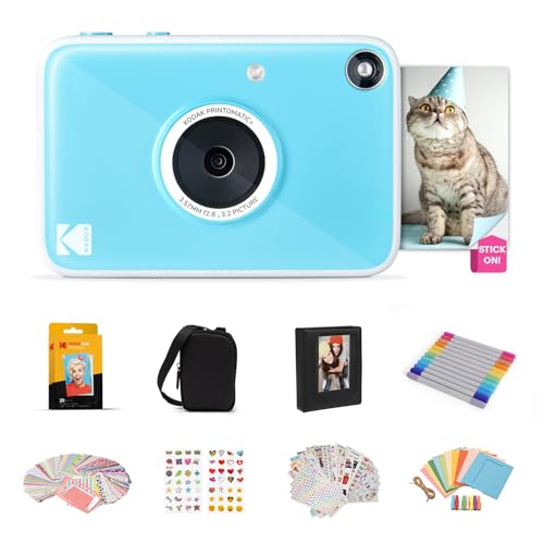 Kodak Printomatic+ Cámara Digital Instantánea 10MP Pack Regalo con Funda, Papel Zink 2x3” 20 Hojas, Álbum, Pegatinas y Rotuladores – Azul