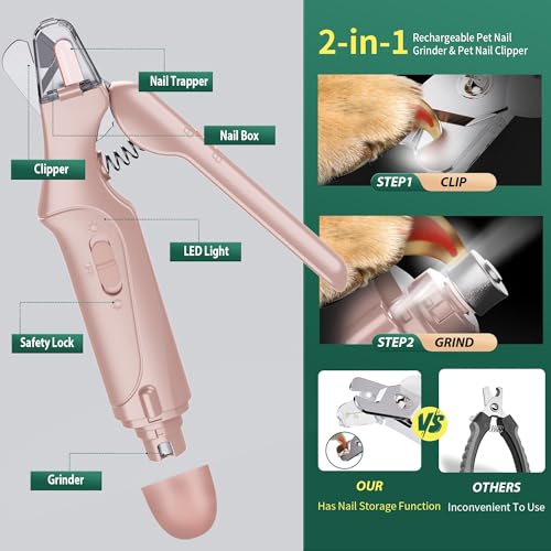 Image of 2 in 1 Dog Nail Clippers & Cat Nail Clippers Trimmers for Large Medium Small Dogs Cats Claw Trimmer Quick Sensor and Safety Guard USB Rechargeable Dogs Nail Trimmer with Catcher & 2 LED Lights