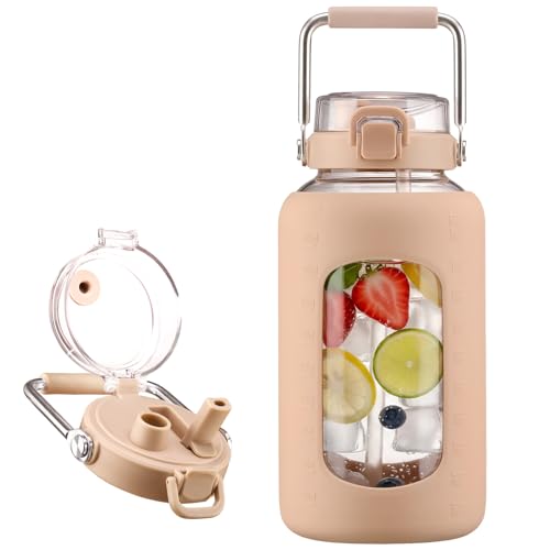 BLUEGO 84oz Glass Water Bottles with Sturdy Stainless Steel Handle, Large Water Bottle with Straw Sip & Chug Lid, 2.5L Water Jug Silicone Sleeve with Time, Daily Travel Sports, Amber