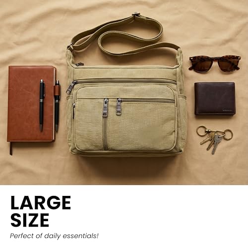 Image of POPCUBE Large Canvas Crossbody Sling Bag for Men & Women | 7 Zipper Pockets, 2 Water Bottle Holders, Adjustable Strap | Travel, Office, College Shoulder Bag | Durable Canvas Material, 32x14x27 cm
