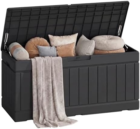 GUNJI 80 Gallon Resin Deck Box - Ideal Indoor & Outdoor Storage Solution, Water-Repellent & UV-Protected for Gardening Tools, Pool Accessories, & Cushions, Featuring Lockable Design(Deep Black)