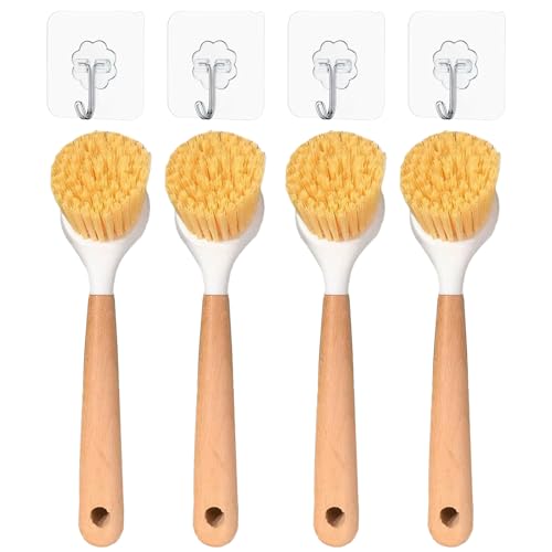 Juego de 4 cepillos para lavavajillas con ganchos de mango largo (longitud 24 cm) – Cepillo de cocina de cerdas de sisal natural para ollas, sartenes, utensilios de cocina antiadherentes, cubiertos y