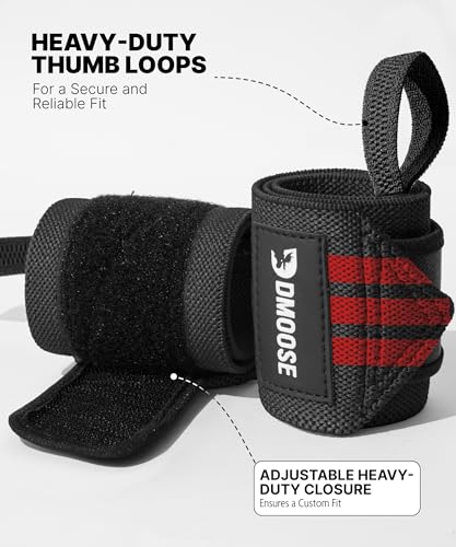 DMoose Fitness lifting wrist wraps 12 and 18 Inches Thumb Loops with Wrist Support for Workouts Powerlifting Wrist Straps for Weight Lifting Red Stripes I