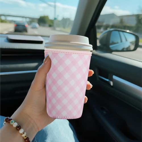 Image of Reusable Insulated Sleeve for Iced Coffee Cup, Coffee Neoprene Sleeve for Cold & Hot Drinks, Beverage Holder for Iced Coffee (Blush Gingham, Large: 32oz)
