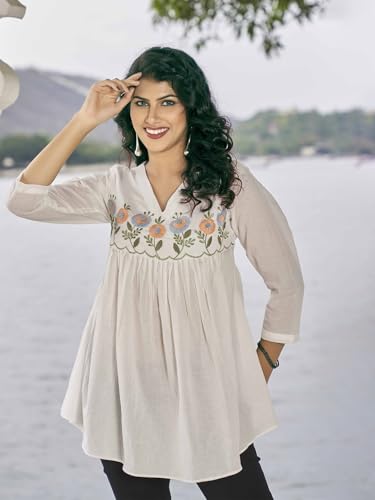 Image of Women's Viscose Cotton Embroidered Tunic Dress | Ethnic Motif 3 /4 Sleeve V-Neck Dress