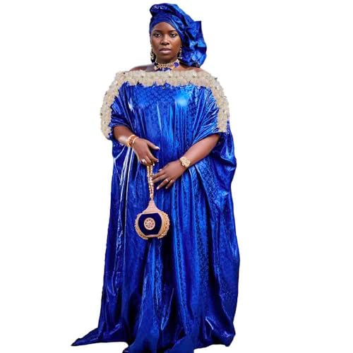 Image of Generic Bazin Riche African Long Dresses Dashiki Robe with Scarf Women Female Wedding Party Clothing Bazin Riche Dress Royal Blue