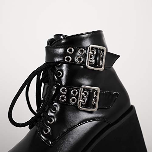 Image of Parisuit Womens Goth Patent Ankle Boots Platform Chunky Combat Boots | Lace Up, Gothic Boots, High Heel, Punk Short Booties, Buckle Boots, Chain Boots