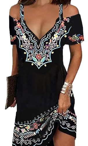 Image of Summer Dresses for Women 2026 Cold Shoulder V Neck Vintage Print A-Line Dress Beach Vacation Boho Mini Sundress