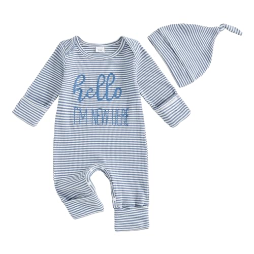 Image of Fernvia Newborn Baby Boy Clothes Letters Print Bodysuit 3 6 9 12 18 Months Long Sleeve Jumpsuit with Hat 2PCS Outfits Set