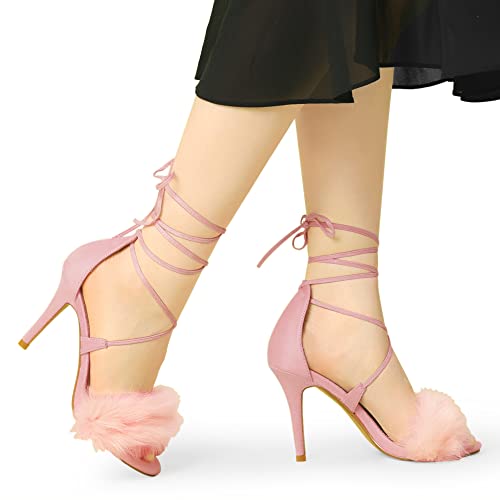 Allegra K Allegra K Women's Faux Fur Stiletto Heel Pink Lace Up Heels Sandals 7 M US