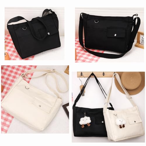 Image of Cotton Tote Handbag Women Canvas Crossbody Beach Bag Hobo Shoulder Tote Bag with 3 External Pocket,Zipper Closure