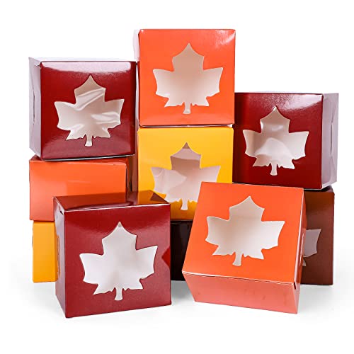 AnyDesign 24Pcs Fall Treat Boxes 4 Colors Cardboard Box with Maple Leaf Shape Window Autumn Thanksgiving Paper Gift Container for Cookie Goodie Candy Party Favors