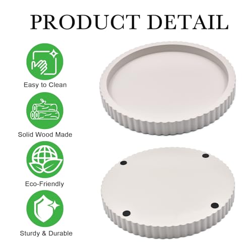 Modern Decorative Tray for Coffee Table, 11" Wooden Gray Beige Round Small Decor Tray for Candle, Perfume, Vanity, Kitchen Island Counter & Table Centerpiece - Image 4