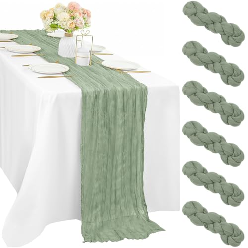 6 Pcs Sage Green Cheesecloth Table Runner 10FT Runner for Tables 35 x 120 Inches Long Gauze Boho Fabric Table Runner Decoration Rustic Sheer Runner for Wedding Birthday Baby Shower Party (Sage Green)