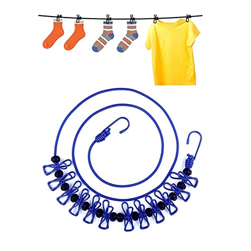 Portable Clothesline with 12 Clothes Pins - Travel Retractable Clothesline 6ft to 11.8ft Stretchy Retractable Clothesline Metal Hanging Clips Hanger Holder Hook Organizer Rack for Camping,Outdoor Blue