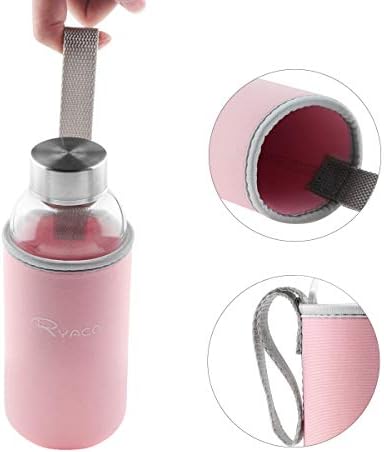 RYACO Borosilicate Small Glass Water Bottle 360ml BPA-Free Leak Proof Portable Ideal for School Home Office Travel Sport Yoga Gym Hot Cold Drinks with Neoprene Carrying Sleeve and Sponge Brush