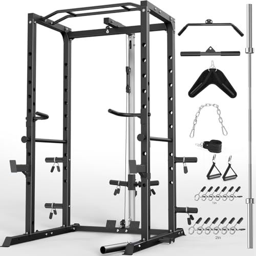 Image of ULTRA FUEGO Power Cage, Multi-Functional Power Rack with J-Hooks, Dip Handles, Landmine Attachment and Optional Cable Pulley System for Home Gym (Power Cage Black with Pulley System and Olympic Bar)