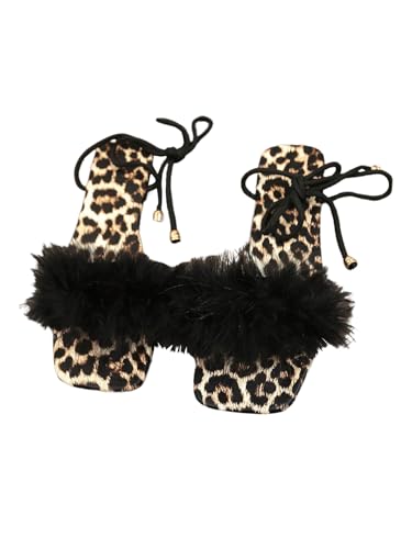 GORGLITTER Women's Leopard Cheetah Print Flat Sandals Lace Up Strappy Fuzzy Dressy Slides Shoes