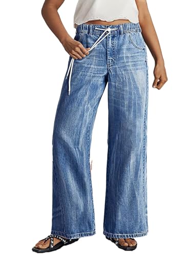 Flamingals Wide Leg Jeans for Women Casual Baggy Mid Rise Drawstring Elastic Waist Seam Detail Wash Denim Pants