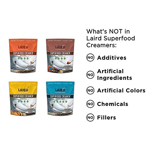 Image of Laird Superfood Coffee Creamer Sampler Pack | Non-Dairy | Organic | Gluten Free | Vegan | Paleo Diet Approved | Unsweetened, Original, Cacao and Turmeric- 8 Ounce (Pack of 4)