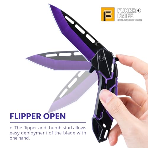 Image of FUNBRO Cool Pocket Knife for Men, Flipper Open Folding Knife with 3.4 inch Stainless Steel Sharp Blade, EDC Knives with Clip for Outdoor Camping Hiking, Gifts for Him Dad Husband (Deep Purple)