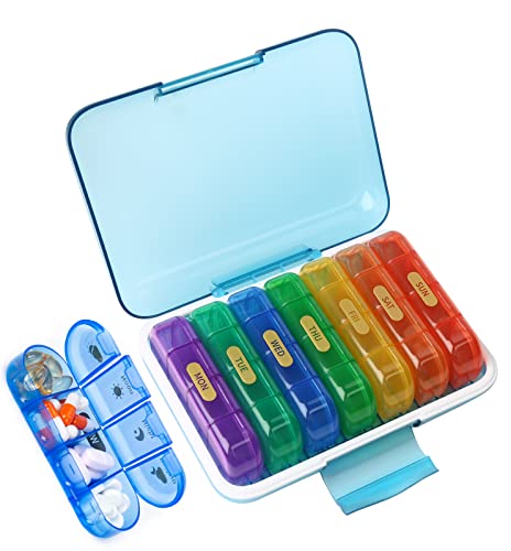 MURRI&MURRDI Organizador de pastillas 4 veces al día, pastillero diario grande semanal, dispensador de píldoras de 7 días para pastillas, vitaminas, aceites de pescado, medicamentos, suplementos (28