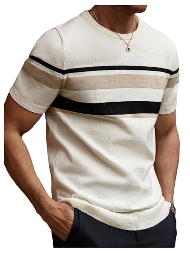 Verdusa Men's Old Money Striped Color Block Sweater Short Sleeve Crew Neck Casual Fitted Knitwear
