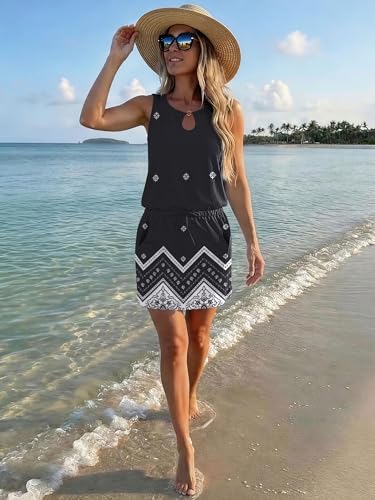 Image of SAUKOLE Womens Summer Causal Loose Sleeveless Crew Neck Drawstring Waist Mini Short Dress with Pockets