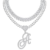 KOHOTA Cursive Silver Initial Pendant Necklace for Women Miami Cuban Link Chain Layered Heart Shape