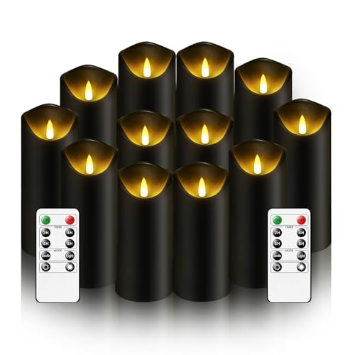 Nimiko Flameless Candles with Remote Battery Operated Flickering Flameless Candles LED Candles with Timer 2/4/6/8H with Realistic LED Candles Set of 12 (D2.2 x H 5 6 7) (Black)
