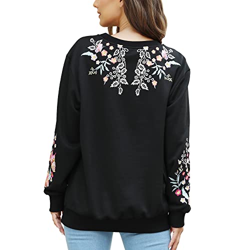Lauraklein Womens Boho Embroidered Tops Floral Sweatshirts Long Sleeve Casual Pullover Loose Mexican Hooded Blouse (As1, Alpha, S, Regular, Regular, 526-Black) #TOP4