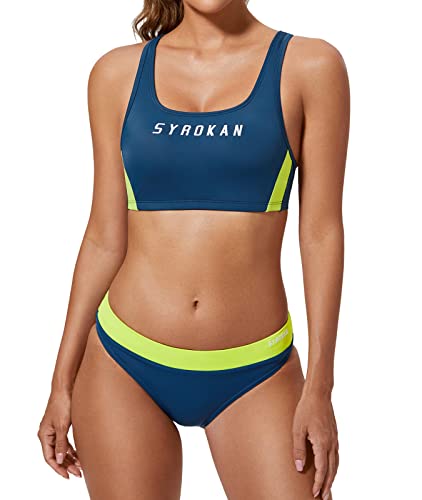 SYROKAN Mujer Deportivo Traje de Baño Dos Piezas Bikini Top Racerback Cerámica Azul M