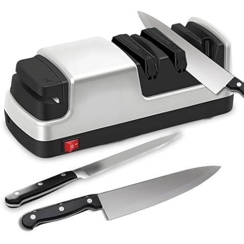 Irosiy Professional Electric Knife Sharpener – Precision Sharpening for Kitchen Knives, Scissors & More – Diamond Abrasives & 3-Stage System - Silver Cover