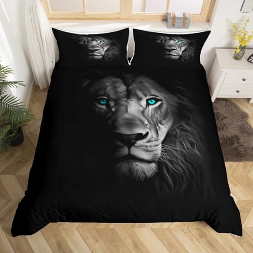 Erosebridal 3D Lion Bedding Set Queen Size Cool Wildlife African Pattern Duvet Cover Kids Teens Boys Animal Series Bedspread Quilt Simple Style Soft Microfiber Comforter Set for Adults Men