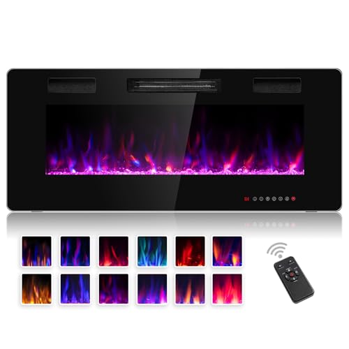 ORALNER Electric Fireplace 42 Inch, Recessed & Wall Mounted Fireplace Heater with 12 Flame Effects, 5 Brightness, Remote Control & 8H Timer, Overheating Protection, 750W/1500W, Black (42 Inches)