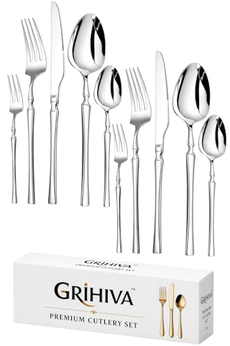 Image of 10 Pcs Silver Cutlery Set for Dining Table the Perfect Lightweight Silim Handle Tableware Including Dinner Spoon, Dinner Fork, Dinner Knife, Dessert Spoon & Dessert Fork