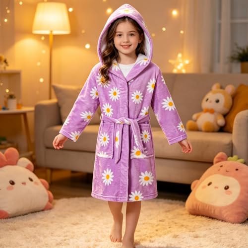 Image of Kids Bathrobe Hooded Plush Fleece Robe for Girls Boys
