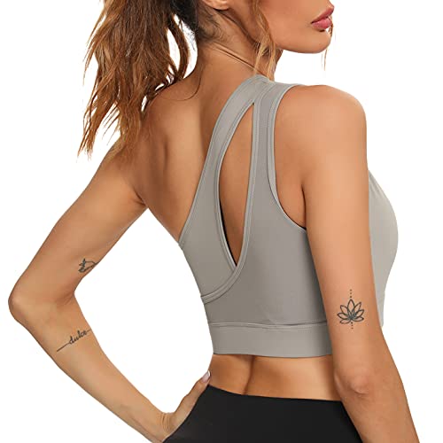 Enjoyoself Women's Cute Medium Support Padded Longline Sports Bra Front Cutout Asymmetrical One Shoulder Yoga Running Gym Bras Khaki L #TOP1