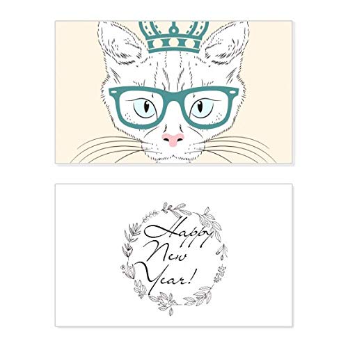 Tarjeta de Año Nuevo White Cat Princess con gafas Crown para compartir deseos