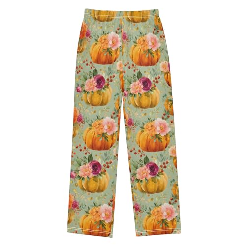 Pajama Pants Lounge Sleep PJ Bottoms Sleepwear Elastic Waist Drawstring S Pumpkin Flower Leaves