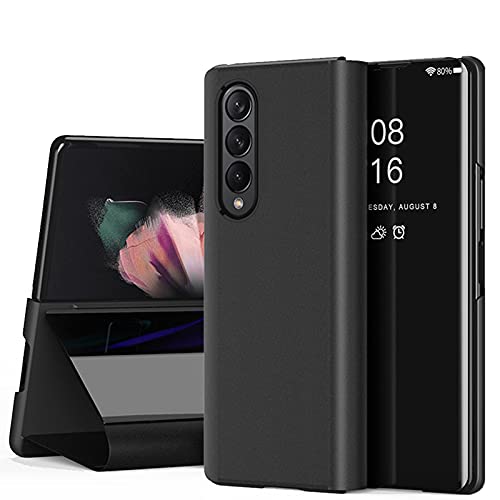 Miimall Compatible with Samsung Galaxy Fold 3 Fold 5G 2021 Electroplated Mirror PU Leather with Kickstand Shockproof Flip Case Cover for Samsung Galaxy Fold 3 Samsung Galaxy Fold 5G 2021(Black)