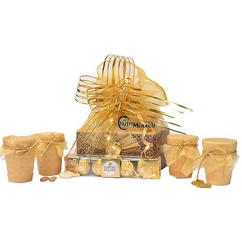 Image of NUTRI MIRACLE Diwali Eco Friendly Edible Cups Dry Fruits Hamper | Thanksgiving Chocolate Nuts Gift with Diwali Card