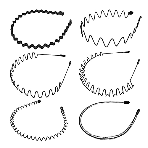 6 Stück Unisex Schwarz Welle Metall Haarreif Stirnband Haarbänder Haarreifen Haarschmuck Stirnband Zubehör für Outdoor Sports Yoga mit Gummiband (Black, 6PC) Cover