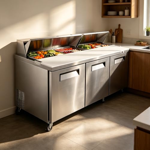 GOHFOY 48'' W Commercial Refrigerator Sandwich Salad Prep Table, 22 Cu.Ft Refrigerator Stainless Steel with 18 Pans, Kitchen Equipment for Restaurant, Bar, Shop, Buffet, etc, ETL Approved