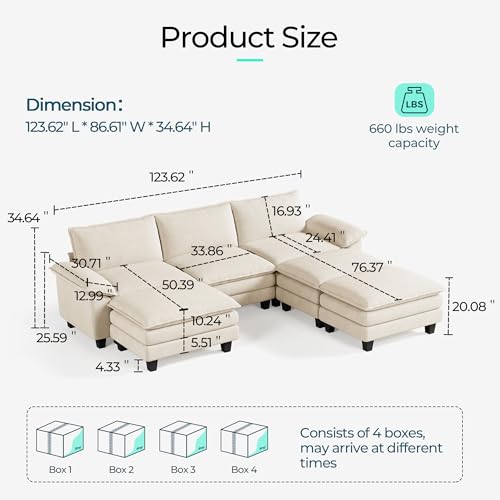 Image of LINSY HOME Modular Sectional Sofa - 123 Inch Oversized Corduroy Cloud Couch with Movable Ottoman Soft Modern Comfy Sofa Set for Living Room Apartment Office, Beige