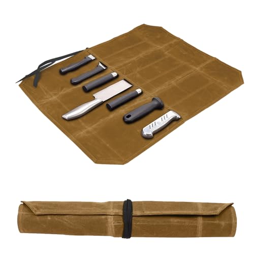 Tibapla Knife Roll Bag, Heavy Duty Waxed Canvas Knife Roll Bag, Chef Knife Roll Bag with 7 Slots for Chefs Cooking Lovers Home Kitchen Outdoor Camping Hiking Picnic (Khaki) by Tibapla - Used condition - CA$18.98