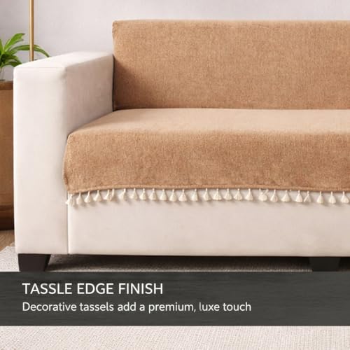 Image of STITCHNEST Beige Chenille Sofa Cover 70x30 Inch - Soft, Durable & Textured Fabric with Tassels | Sofa for Living Room, Bedroom, or Drawing Room11