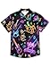 REVENEVER Funny Hawaiian Shirts for Men Short Sleeve Button Down Casual Shirts Summer Neon DJ Cat Guitar Pattern Print Glow Party Shirt