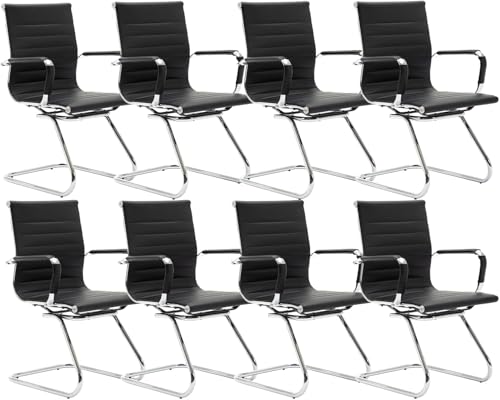 Image of HNY Leather Office Guest Chairs & Reception Chairs Set of 8, Modern Waiting Room Chairs with Arms, Desk Chair no Wheels with Sled Base for Waiting Room /Conference Room, Black
